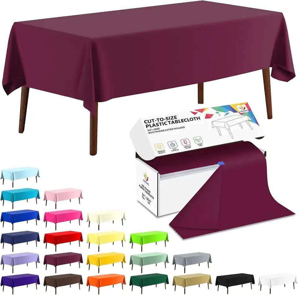 CXPSINC 54 Inch X 300 Feet Plastic Table Cover Roll Disposable Tablecloth with Slide Cutter for All Type/Shape Tables | Party, Banquet, Birthdays, Weddings(Burgundy, 300 Feet)