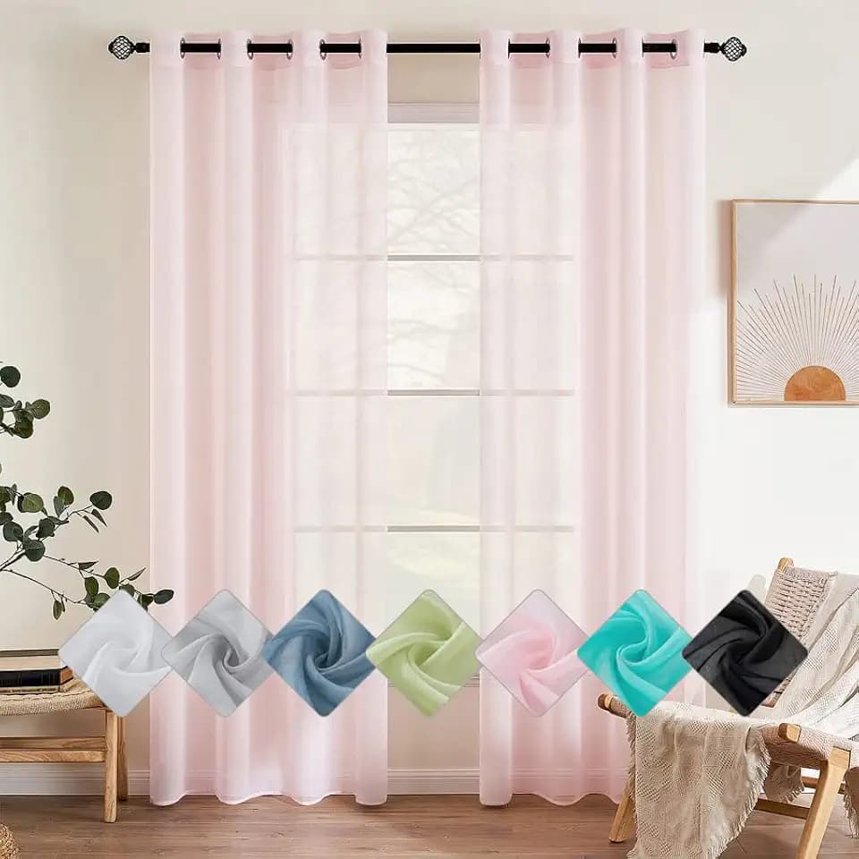 EMEMA Gardinen mit Ösen 2er Set 175cm Lang Rosa Vorhang Voile Vorhänge