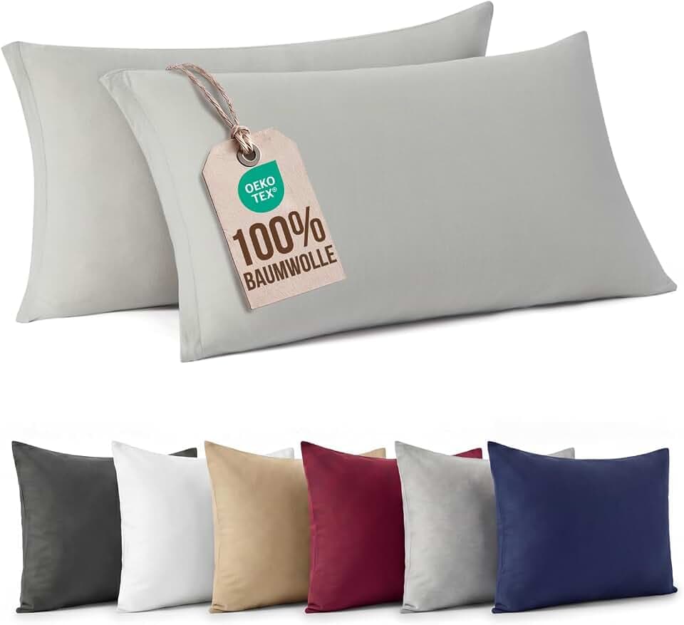 Kissenbezug 40x80cm, 2er Set - 100% Jersey Baumwolle 140gsm - Kopfkissenbezug & Kissenhülle mit Reißverschluss - Weich, Bügelleicht & Hypoallergen - Hellgrau - Oeko-TEX Standard 100 Zertifiziert
