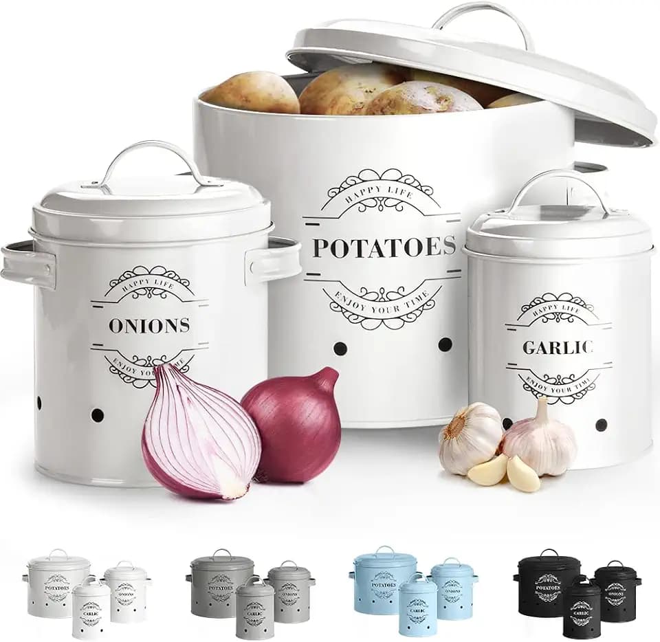 Kartoffeltopf, Zwiebeltopf und Knoblauchtopf Belüftet Vorratsbehälter Set, Set of 3 Die perfekte Kombination aus Modedesign (Weiß o2)