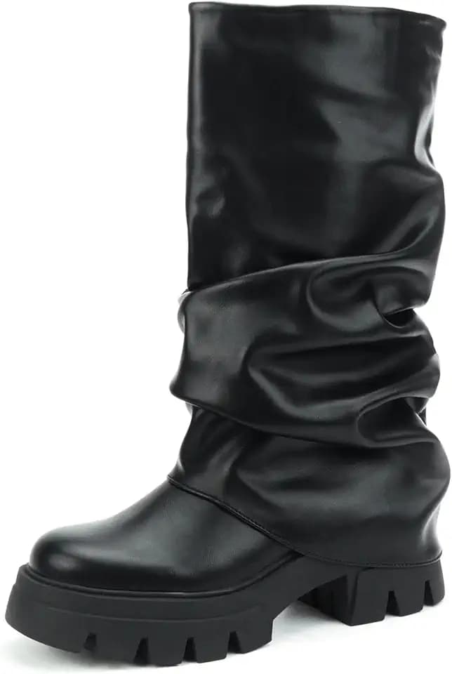 Women's Fold Over Boots Slouchy Platform Chunky Heels Ruched Mid Calf Boots
