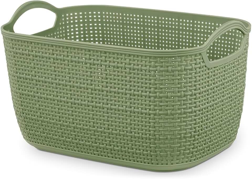 Whitmor Medium Woven Plastic Storage Basket with Handles, Green 6 Pack