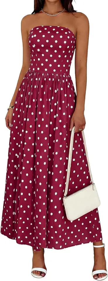 Wenrine Womens Strapless Maxi Dress Summer Polka Dot Long Tube Dresses