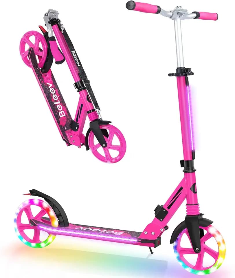 BELEEV V8 Scooters for Kids Ages 6+ with Light-Up Deck, 2 Wheel Folding Scooter for Kids, 4 Adjustable Height, Lightweight Sport Commuter Scooter, Sturdy Frame