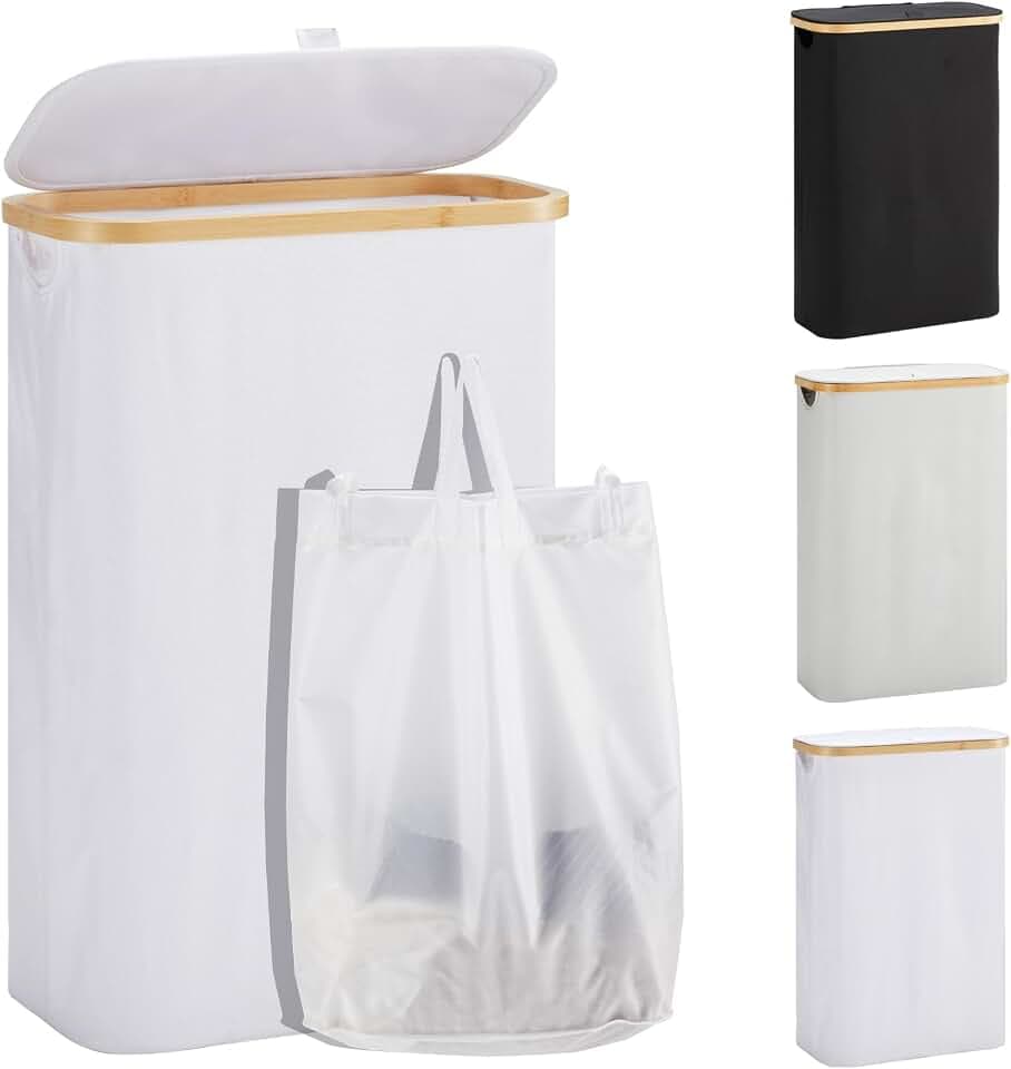 YOUDENOVA Wäschekorb mit Deckel 48L Wäschesammler schmal mit Wäschesack faltbarer Wäschesortierer Holz Bambus Wäschetruhe hoch Laundry Baskets, Weiß