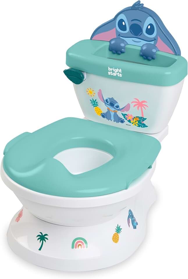 Disney Baby Stitch My Size Töpfchen von Bright Starts, 2-in-1 Kinder-Töpfchen mit Spülgeräusch, Abnehmbarem Toilettensitz, Enthält 12 Aufkleber, Töpfchentraining, Ab 18 Monaten