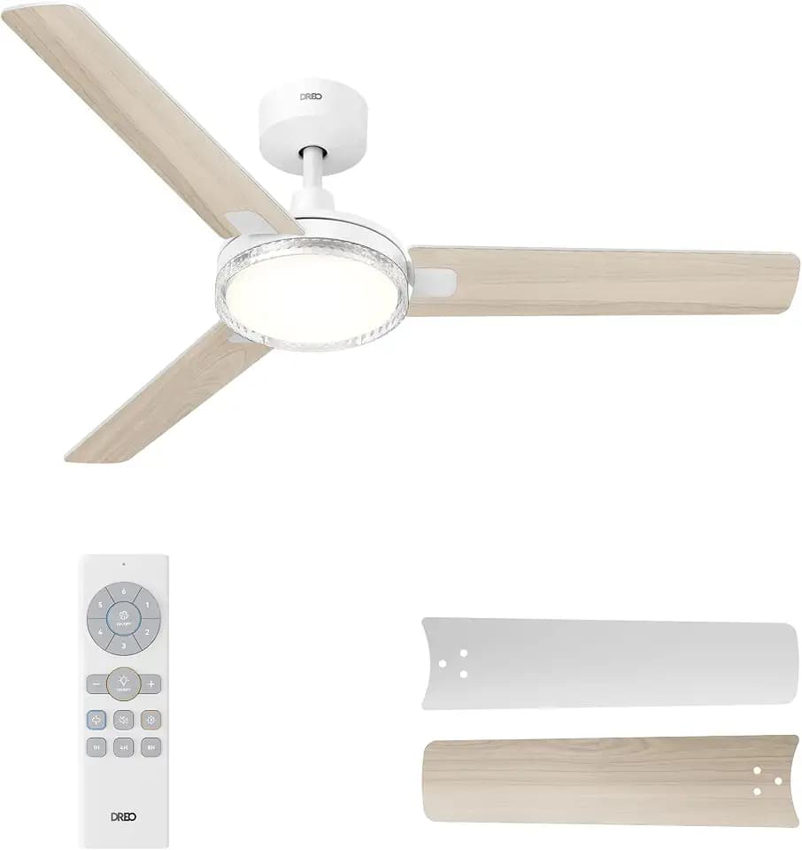 DREO Ceiling Fans with Lights and Remote, 52'' White Ceiling Fan, 5CCT, 6-Level Dimmable, 6 Speeds, Quick-install, Quiet Reversible DC Motor, 1-4-8H Timer, Bedroom Ceiling Fan