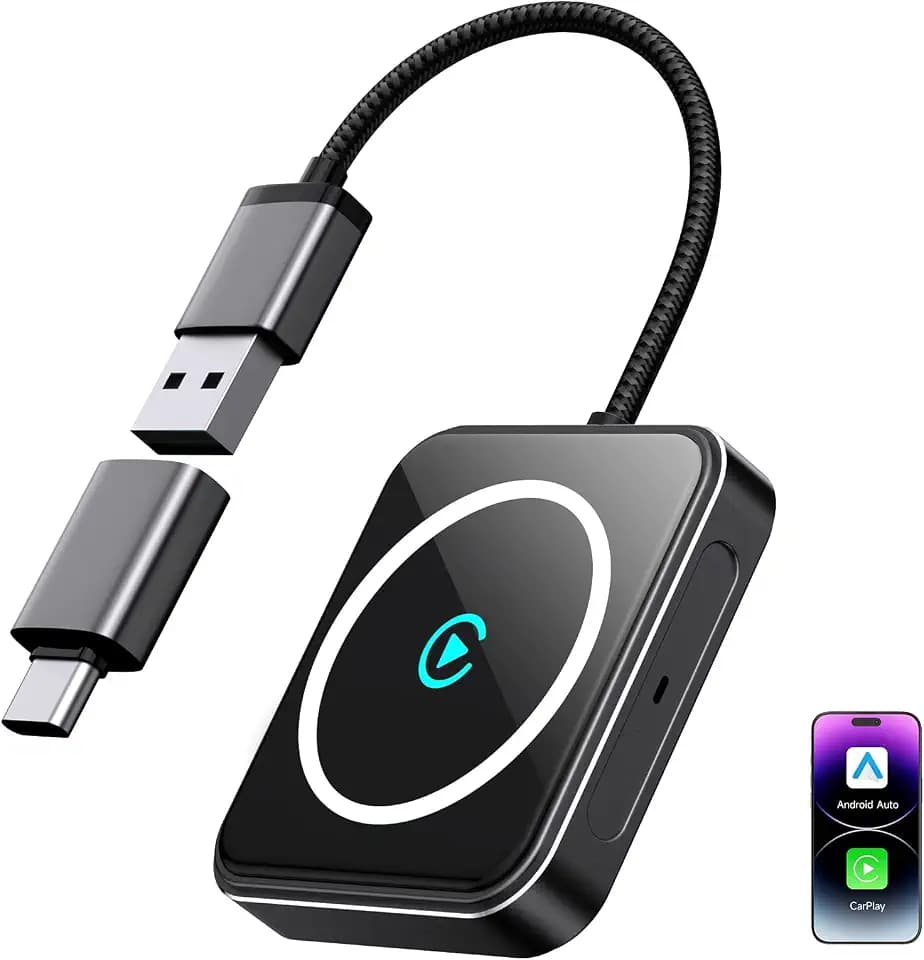 Wireless CarPlay Adapter for iPhone & Android, 2-in-1 Apple CarPlay Wireless Adapter, Plug & Play, Low Latency, USB-A/C, Converts Wired to Wireless CarPlay (iOS 10+, Android 11+)