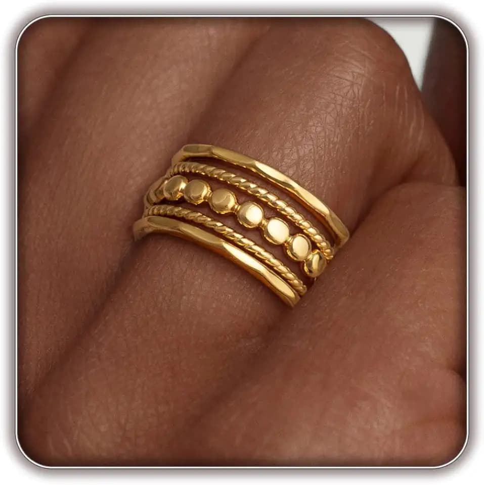 FISSEN JEWELRY 5PCS Gold Rings for Women, Dainty 14K Gold Plated Finger Rings, Trendy Stackable Thumb Pinky Midi Ring Set, Hypoallergenic Band Non Tarnish Jewelry Gifts Fashion Accessories Size 6-10