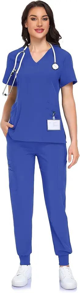 Scrubs for Women Set - V-Neck Scrub Top & Jogger Pant with 10 Pockets, 4 Way Stretch Nurse Uniform