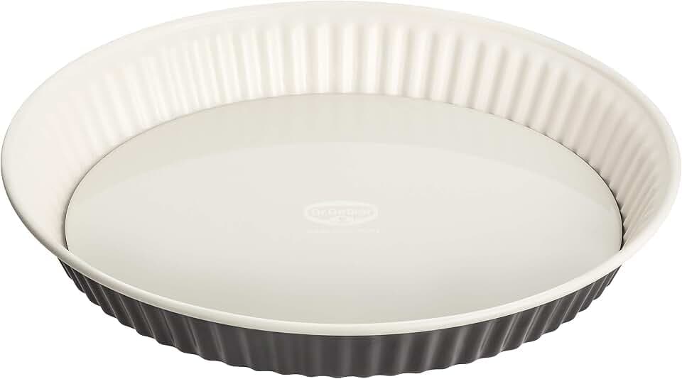 Dr. Oetker Quicheform Ø 28 cm EXCLUSIVE, Tarteform mit schnitt- & kratzfestem Hebeboden mit Emaille-Versiegelung, runde Kuchenform mit Ring aus Stahlblech (Farbe: Grau-Braun/Crème) Menge: 1 Stück