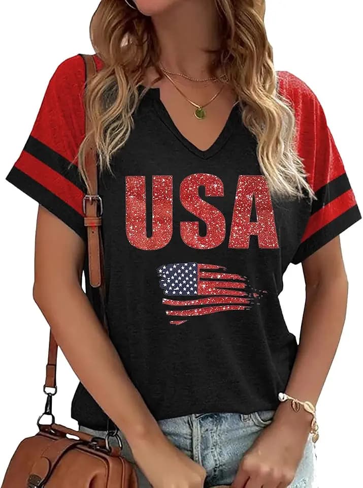 Patriotic V Neck Shirts 4th of July for Women American Flag Graphic Tee Casual Color Block Short Sleeve Summer Tops