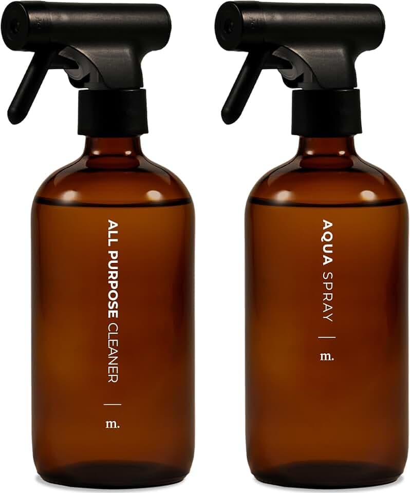 MaisoNovo Glas-Sprühflaschen zur Reinigung, 2 Stück, bernsteinfarben, 500 ml, nachfüllbar, Wassersprühflasche, Glas, inklusive 16 Etiketten