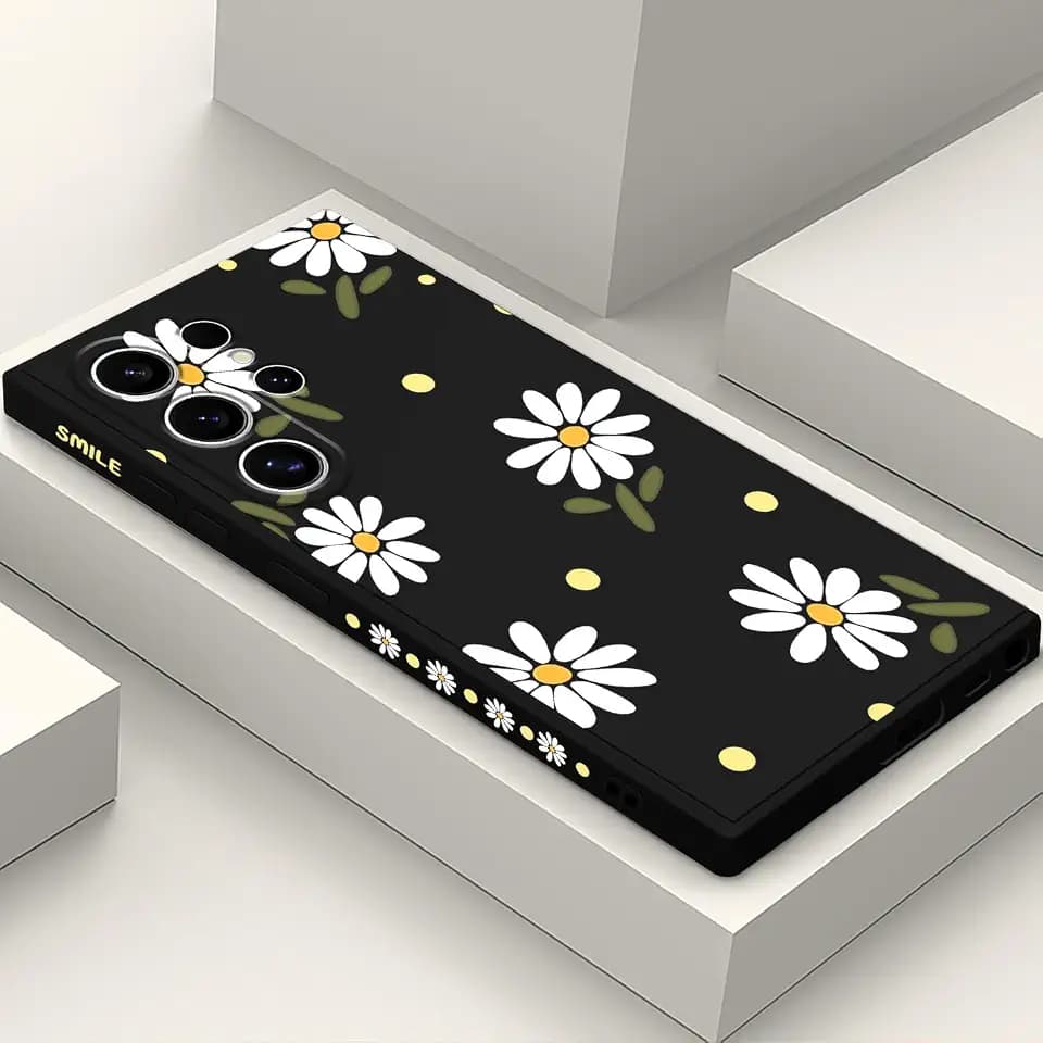 LEECG für Samsung S24 Ultra Hülle, für Galaxy S24 Ultra Handyhülle Blume Muster Design Drop Schutz Weiche Ultradünne Kratzer Resistent Mikrofaser Innenfutter S24 Ultra Cover-Gänseblümchen Schwarz