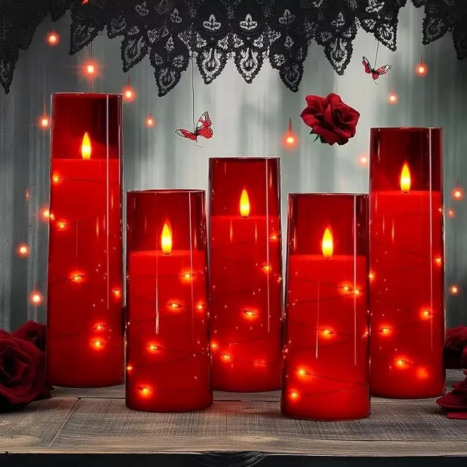 Enido 10 Pc Flameless LED Candles with Remote & Timer, Battery Operated Acrylic Pillar Set, Flickering Electric Lights with Embedded Star String for Cozy Home & Holiday Romantic Decor (Matte Red)