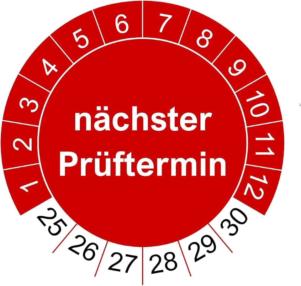 50 Prüfplaketten nächster Prüftermin - 2025 bis 2030-30 mm - nachhaltig - rot - 2024 - Prüfetiketten/Wartungsetiketten für Prüfung (50 Stück, rot)