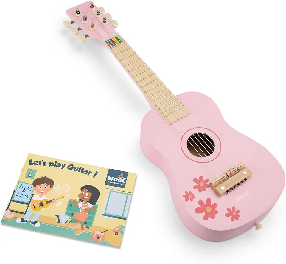Woet® Rosa Holz-Spielzeuggitarre für Kinder mit 6 Nylonsaiten & Liederbuch | Spielzeug-Musikinstrument, Kindergitarre, Schultergurt, Ersatzsaite und Notenheft, Rhythmus und Melodie, ab 3 Jahren
