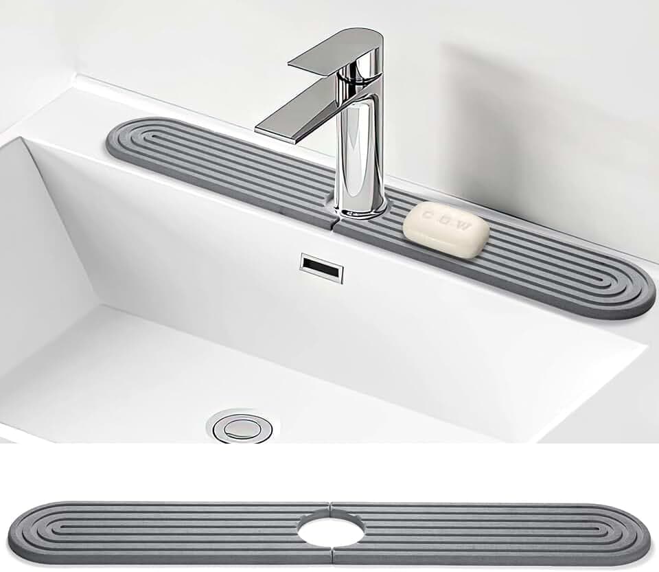 Shinowa 60 x 10 cm Wasserhahnmatte, saugfähig, aus Kieselstein, für Waschbecken, Küche, Badezimmer, Wasserhahn, Spritzschutz, matt, enthält Sandpapier (Dunkelgrau)