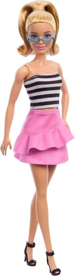 Barbie Fashionistas Puppe Nr. 213, blond mit gestreiftem Oberteil, pinkem Rock und Sonnenbrille, Modepuppe zum Sammeln anlässlich des 65. Jubiläums, HRH11