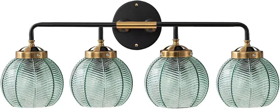 4-Lights Bathroom Light fixtures Glass Vanity Light Green Bathroom Sconce Mid Century Modern Wall Lamp,Black Gold Art Deco Vanity Light for Over Mirror Bedroom Hallway Dining Room
