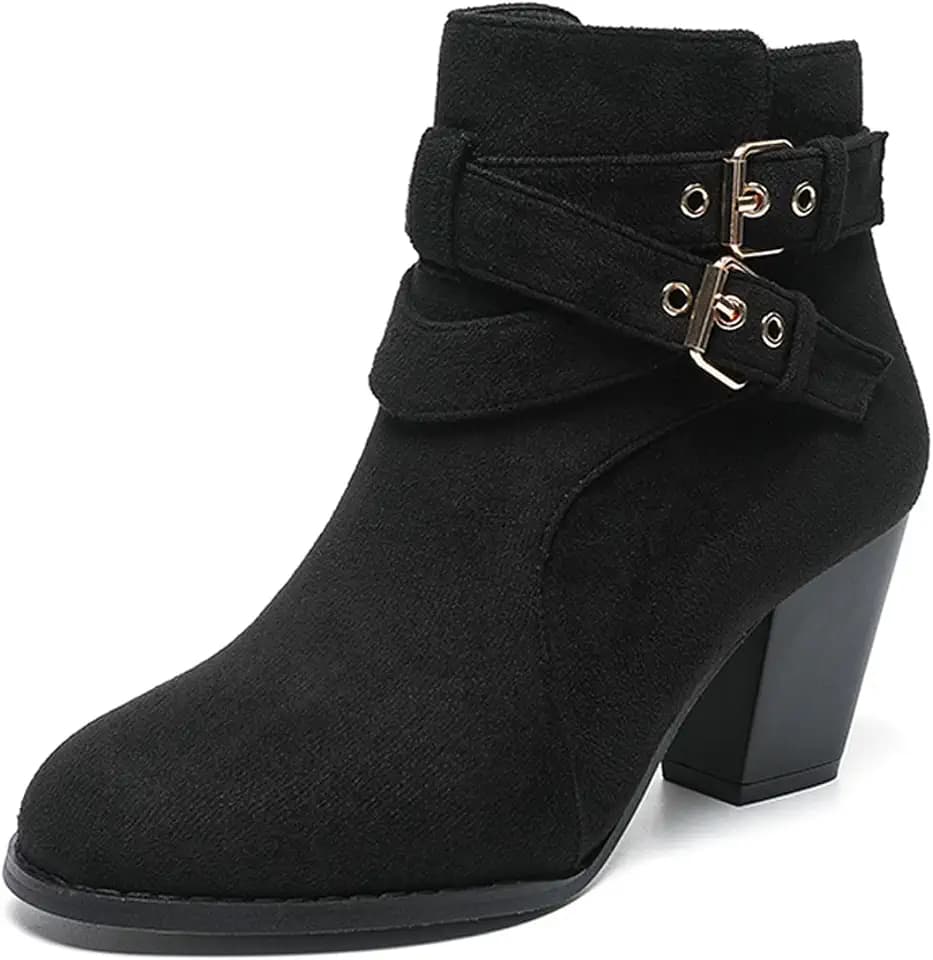 Women's Chunky Heel Suede Ankle Boots With Adjustable Double Buckle Classic Round Toe Side Zip Block Stacked Heel Fall Short Booties