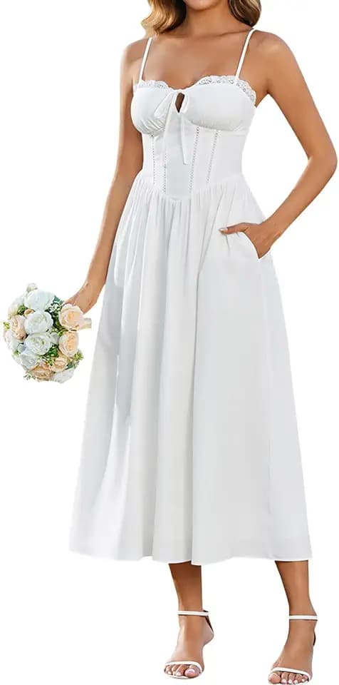 EYNMIN Women's Midi Flowy Lace Up Summer Wedding Guest Dresses with Pocket