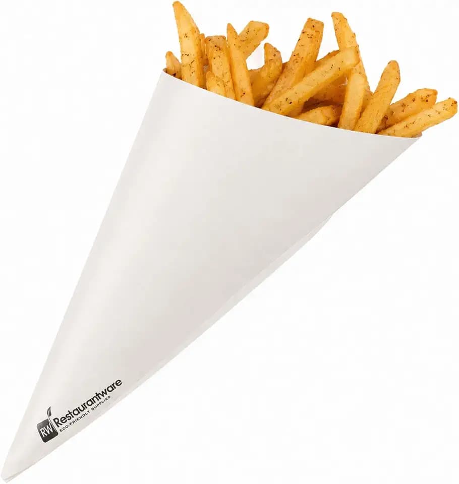 Restaurantware Conetek 10-Inch Eco-Friendly White Finger Food Cones: Perfect for Appetizers - Food-Safe Paper Cone - Disposable and Recyclable - 100-CT
