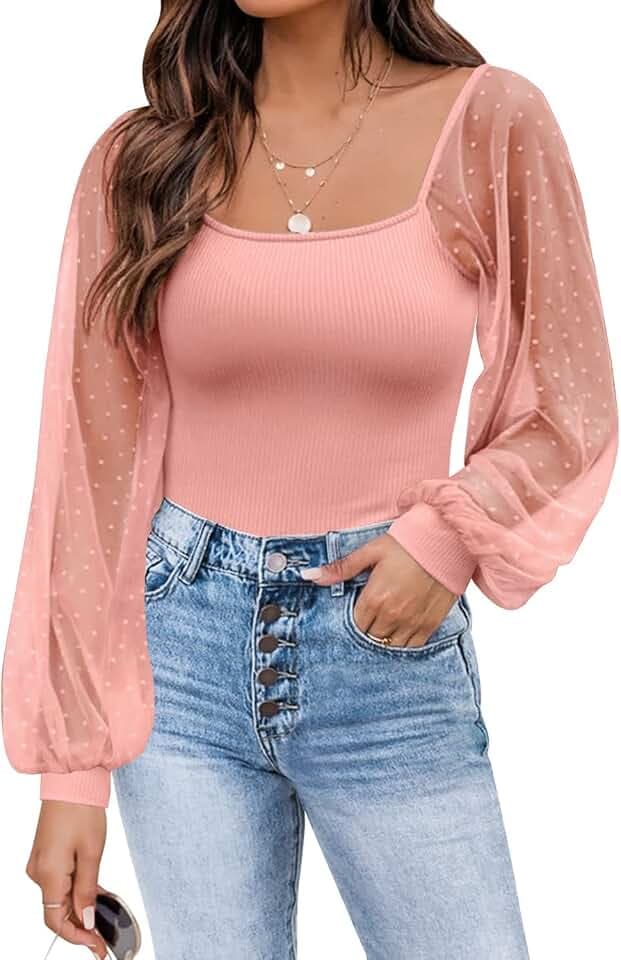 DOROSE Womens Mesh Long Sleeve Shirts Casual Blouses Tops