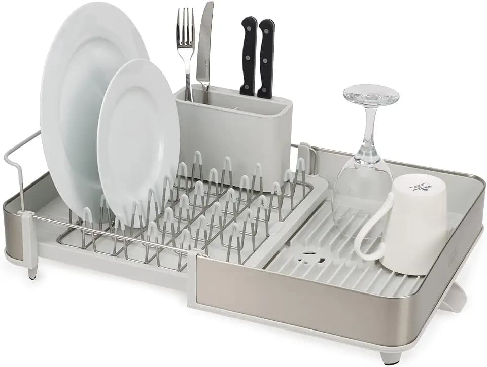 Joseph Joseph Extend Steel Erweiterbares Abtropfgestell mit Abnehmbarem Besteckhalter, schwenkbarem Abtropfstutzen, Geschirrständer, Edelstahl/Stein