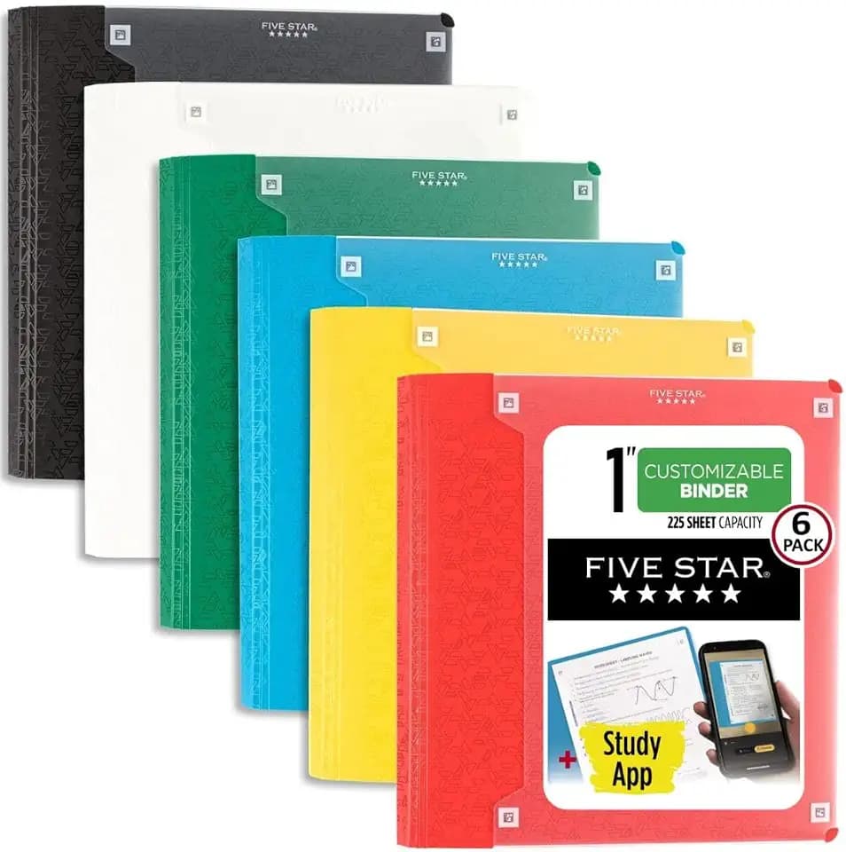 Five Star 3-Ring Binder + Study App, 6 Pack, 1 Inch Binder with D Rings and Customizable Clear View Cover, 225 Sheet Capacity, Assorted Colors (261440-23)