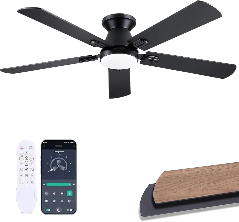 Ceiling Fans with Lights, 52 inch Low Profile Ceiling Fan with Light and Remote/APP Control, Dimmable, Quiet DC Motor, Flush Mount Ceiling Fan for Bedroom Living Room, Indoor/Outdoor Use, Black