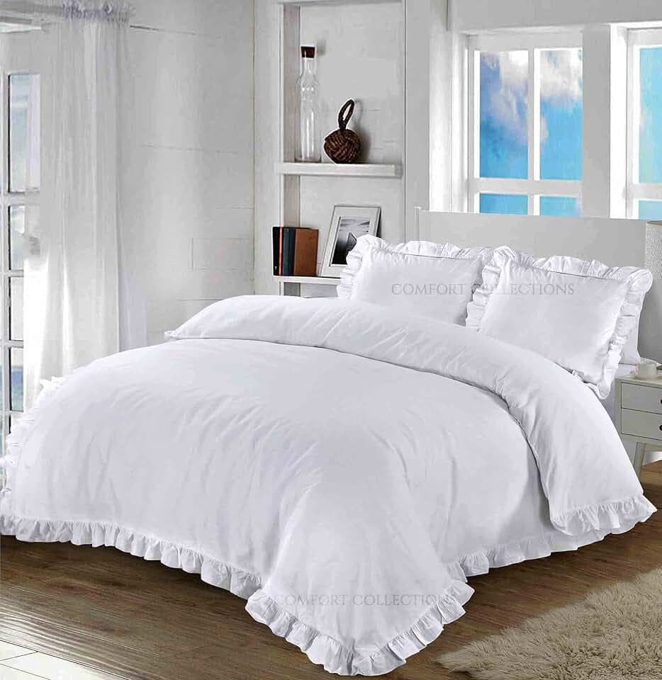 Comfort Collections Santiago Rüschen-Kräusel-Kanten-Design Unifarbener Bettbezug und Kissenbezüge Bettwäsche-Set Weiß Kingsize 230 cm x 220 cm Ungefähr