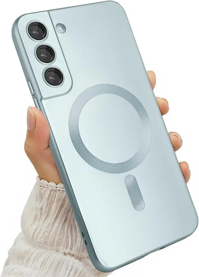 Magnetic for Samsung Galaxy S22 Plus Case for Women Men Girls [Compatible with MagSafe] [Camera Lens Protector] Matte Cute Slim Soft Silicone Bumper Shockproof Metallic Phone Case, Light Blue