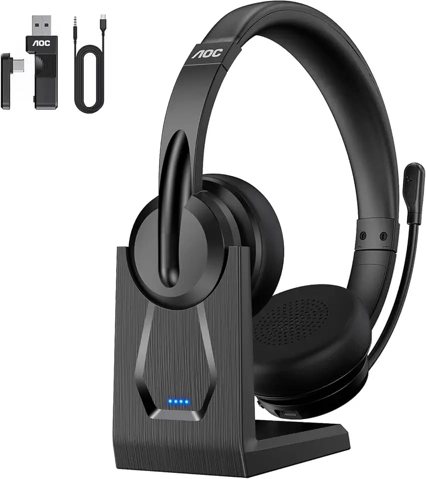 AOC Wireless Headset with Mic for Work, Bluetooth 5.4 Wireless Headset with AI Noise Canceling Mics, USB A/C Dongle, Charging Base & Mic Mute, Wireless Headphones for Laptop, PC (Classic Black)
