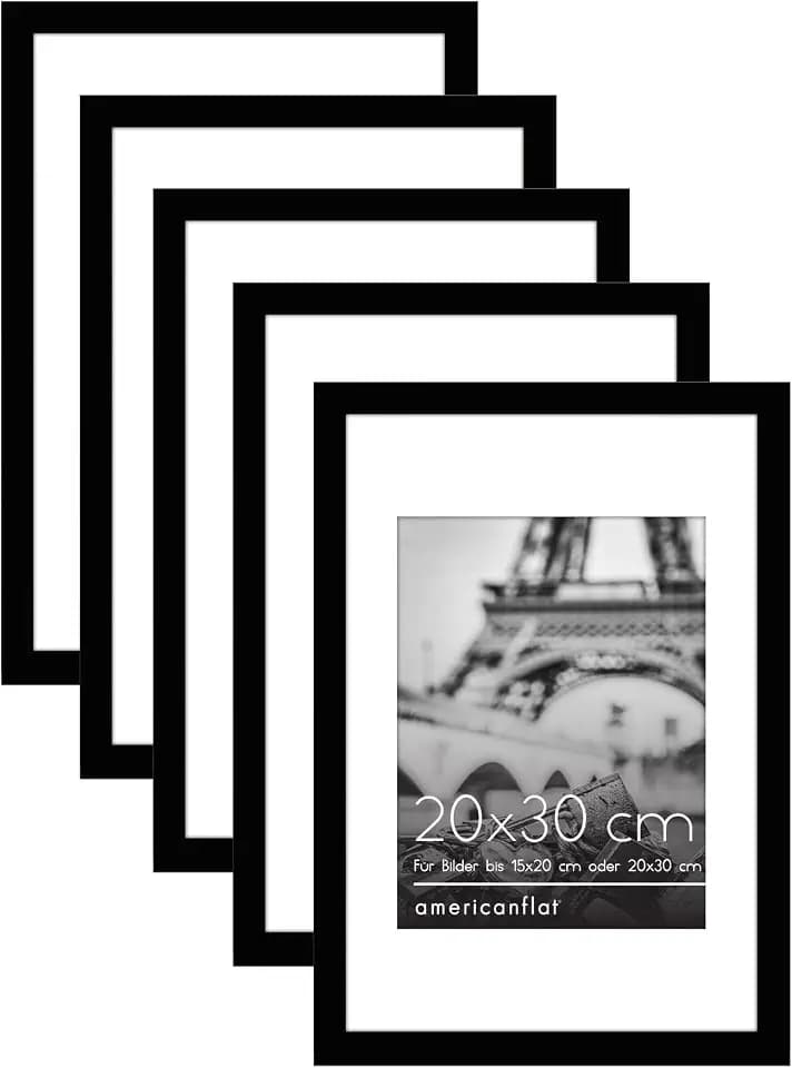 Americanflat Bilderrahmen 20x30 cm in Schwarz – Bilderrahmen 15x20 cm mit Passepartout und 30x20 cm ohne Passepartout - Rahmen mit poliertem Plexi-Scheibe und Sägezahn-Aufhängung - 5er Pack