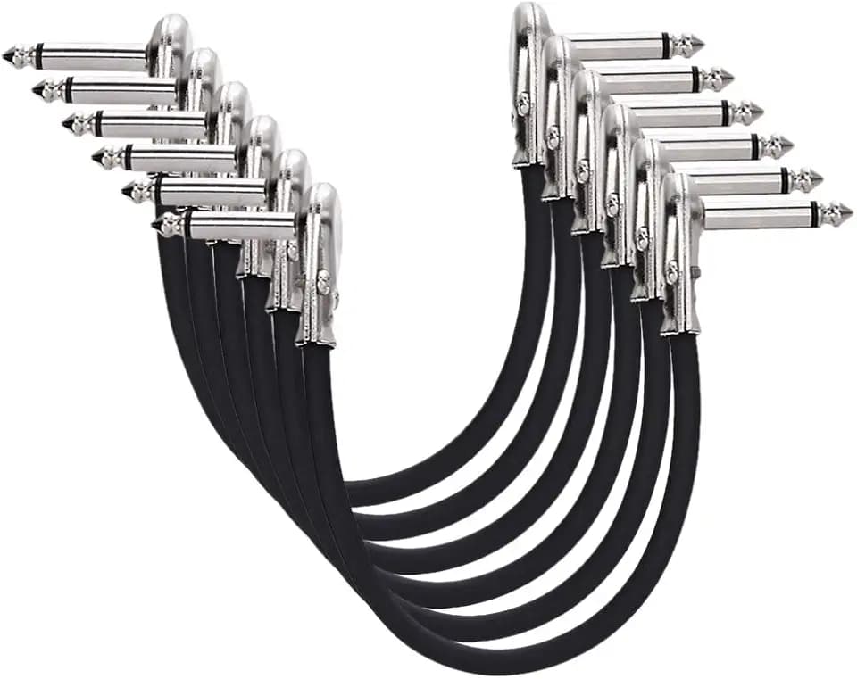 Amazon Basics Gitarren Hilfs Patchkabel für Effektgeräte, Mikrofone, Mischpulte, Verstärker und Andere, 6,35 mm Winkelstecker, Blockiert Störungen, 6 Stück, 1er-Pack, 15 cm, Schwarz