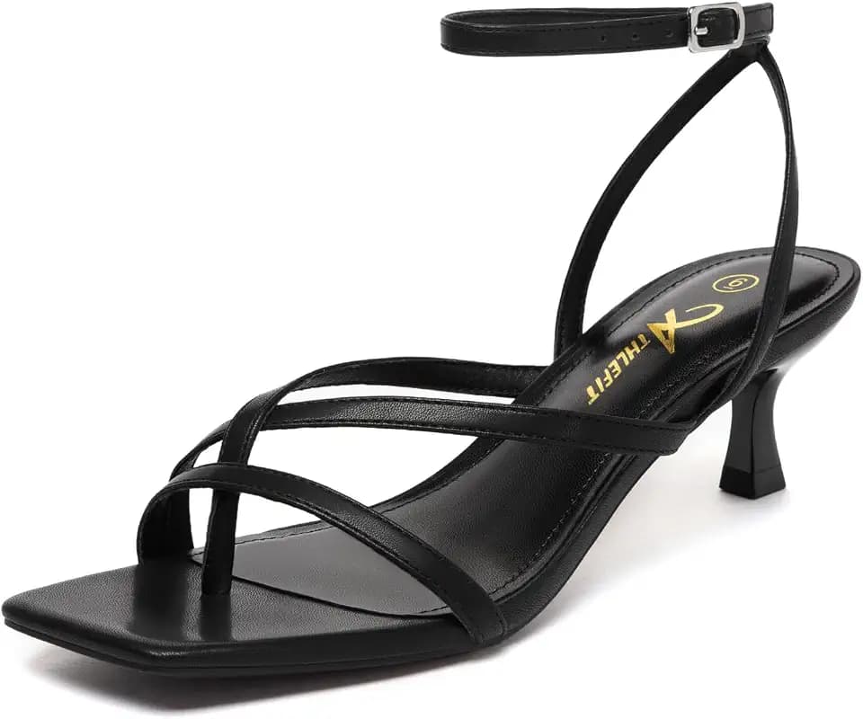 Athlefit Black Kitten Heels for Women Strappy Low Thong Heeled Sandals