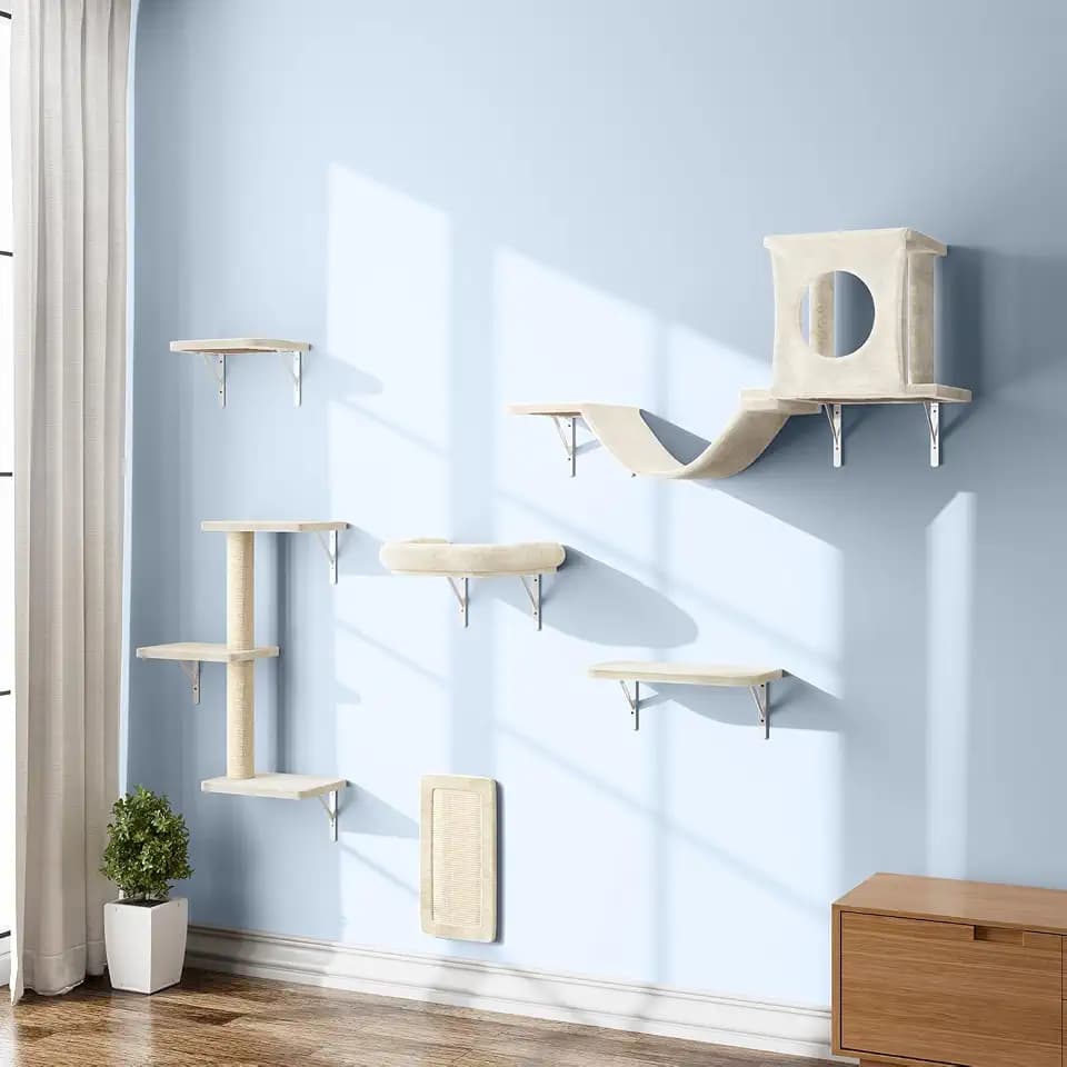 NUNU LAB Wall Mounted Cat Furniture Set - 6 Pcs Climber Set with House, Bridge, Steps, Scratcher Board - DIY Walls Playground, Indoor Cat Shelves - White