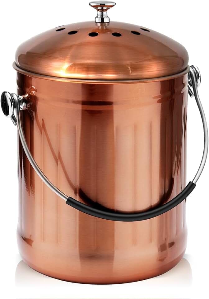 ENLOY Komposteimer für die Küchenarbeitsplatte, 1,3 Gallonen fassender Komposteimer aus mattiertem Kupfer-Edelstahl mit Deckel und 2 Kohlefiltern, Eimer für Lebensmittelabfälle mit Soft-Grip-Griff