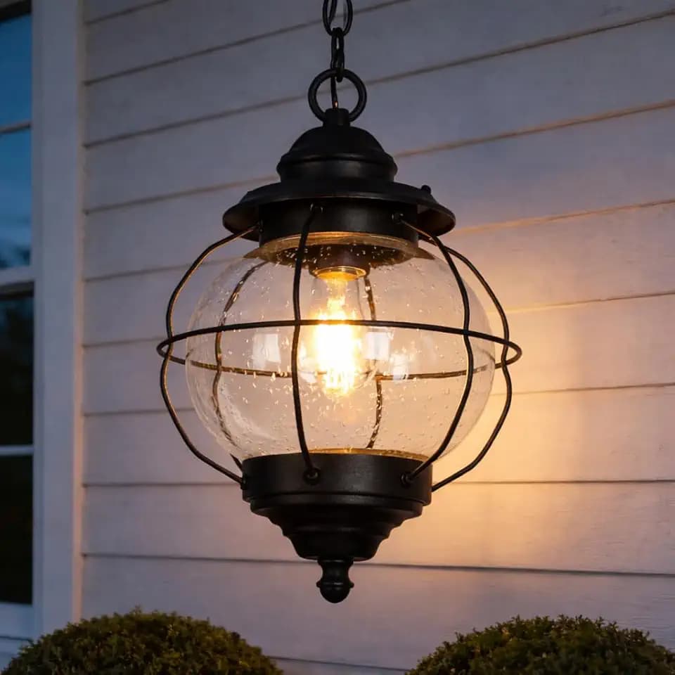 KSANA Outdoor Pendant Light, Farmhouse Hanging Lantern with Clear Seeded Glass, Globe Exterior Ceiling Light, Anti-Rust Porch Light for Front Door, Entryway, Gazebo