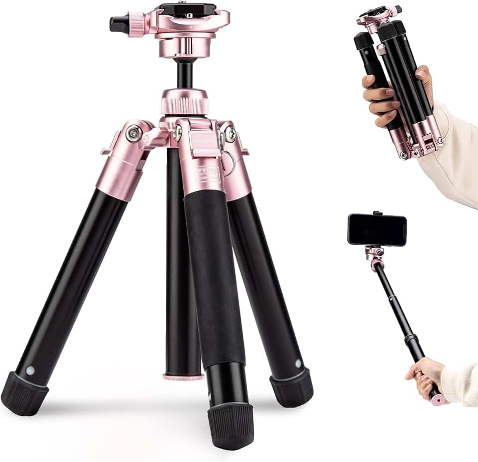 Fotopro Reise-Stativ, 152 cm leichtes und kompaktes Multifunktionsstativ mit 360° Kugelkopf, Handyhalter, abnehmbarem Selfie-Stab, nur 25 cm zusammengeklappt, max Traglast 4 kg, rosa
