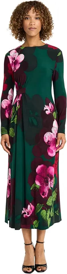 Maggy London Women's Elegant Floral Midi Bodycon Dress - Long Sleeve Cinched Waist - Wedding Guest Cocktail Garden Dress