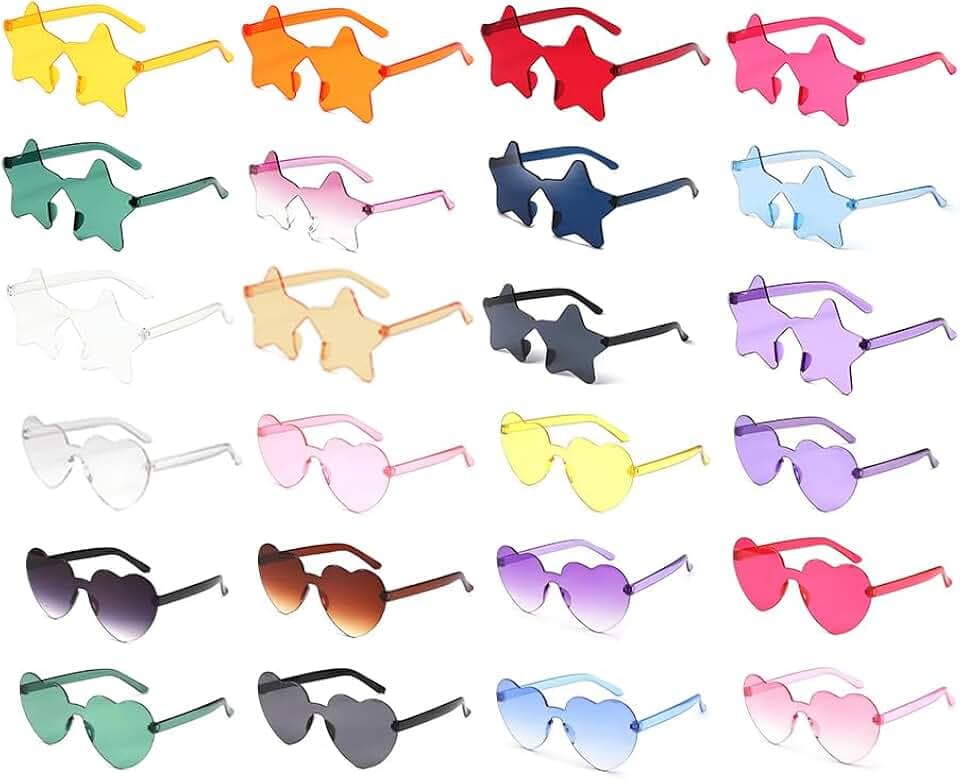 24 Stück Sternförmige Randlose Brille,Party Brillen Kunststoff Stern, Retro Transparent Randlose Herzbrillen, Randlose Hippie Herzförmige Brille, für Geburtstagsfeier Fasching