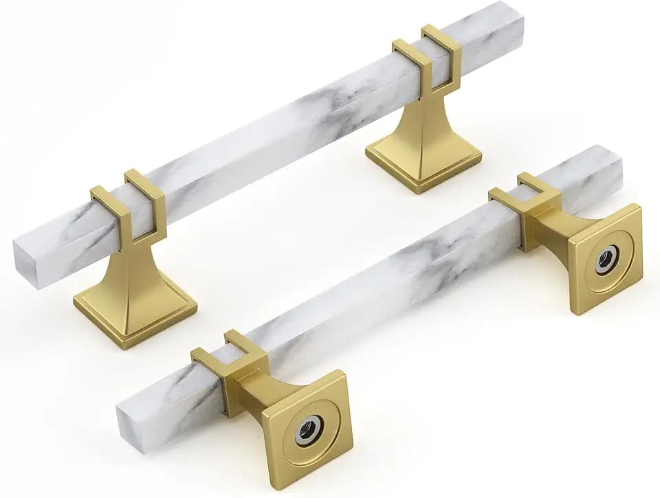 Rergy 10 Pack Cabinet Handles, White Marble & Matte Gold Pulls, 4"