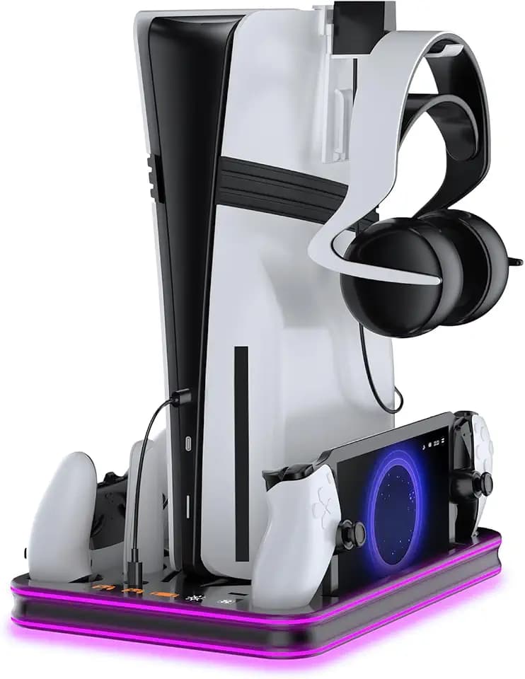 PS5 Pro/PS5/Slim/Stand and Cooling Station with LED,Charging Station for PlayStation Portal & PS5 Controller, Headset and Remote Holders (Black)