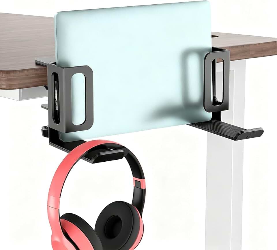 2 Stück Seitlich Aufhängbarer Laptop Organizer am Schreibtisch, Verstellbare Schreibtisch Seitenaufbewahrung, Generisch Bürotisch Seiten Laptophalter, Metall Laptop-Halterung ohne Bohren(Schwarz)