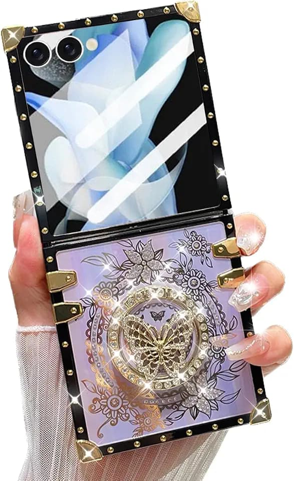 Changjia for Samsung Galaxy Z Flip 7 5G Glitter Kickstand Case,Cute Luxury Bling Sparkly Diamond Butterfly with Ring Stand Floral Marble Elegant Shockproof Women Girls Cover for Galaxy Z Flip 7,Purple