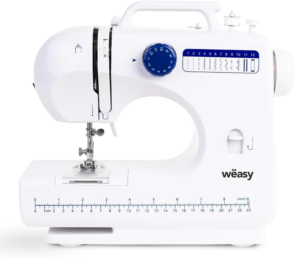 Wëasy Elektronische 12-Stiche-Nähmaschine SW45, Nähen für Anfänger und Amateure, Tragbar, Multifunktional, 2 Geschwindigkeiten einstellbar, Manuell oder mit Fußpedal, LED-Beleuchtung