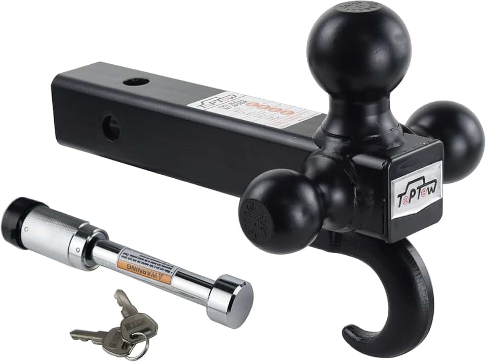 TOPTOW Trailer Hitch Tri-Ball Mount with Hook, Black Balls, with Lock, Fits for 2 inch Receiver