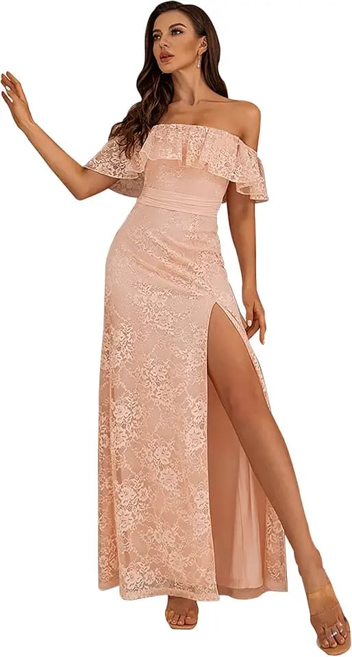 Angel-fashions Damen Blumen Spitze Hochzeit Gäste Kleid Schulterfrei Rüschen Schlitz Langes Abendkleid